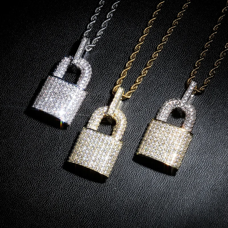 Hip Hop  bling iced out Lock shape pendant necklaces pave setting AAA Zircon gold silver Color Bicolor necklace For Men jewelry