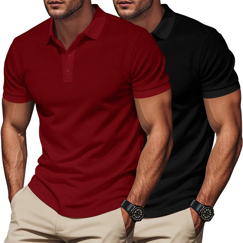 American Summer Waffle Knit Collar Golf Polo 2 Pack, Men Breathable Casual Short Sleeve Tops Wholesale