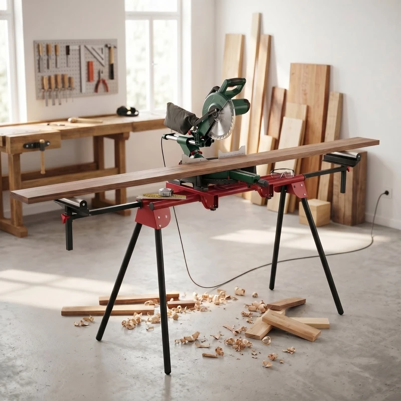 Support universel pour scie à onglet avec supports à roulettes extensibles et bras réglables, cadre en acier robuste, capacité de 150 kg, support de scie pliable et portable avec pieds repliables pour atelier et chantier