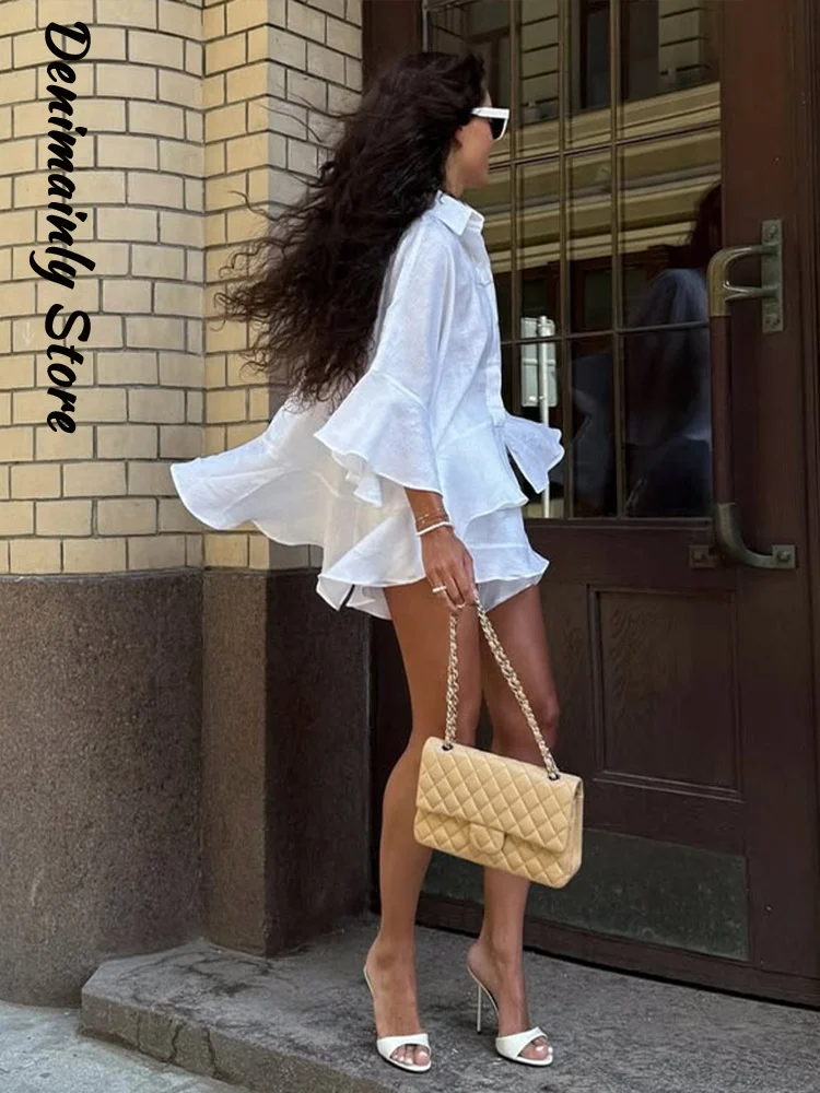 

Casual Ruffled Shirt Shorts Set Women Lapel Flared Sleeves Single Breasted Top Loose Shorts 2025 Summer Lady Chic Beach Outfit
