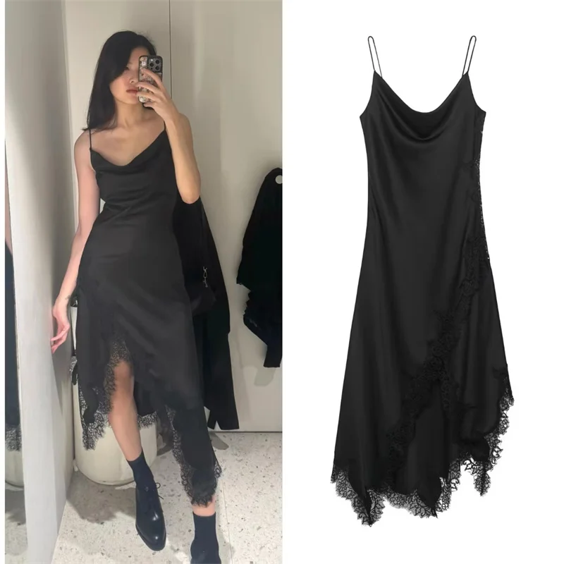 فستان نسائي شتاء 2025 جديد أسود Strappy دانتيل تقليم غير متماثل هيم فستان طويل أنيق وأنيق #1