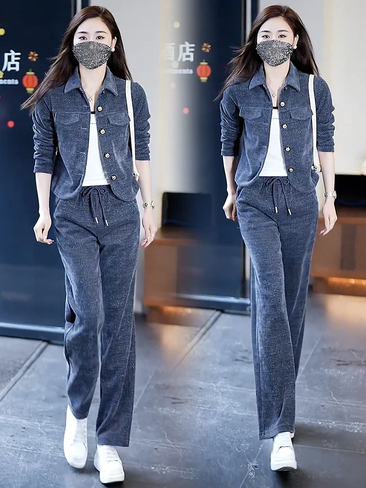 

Autumn 2025 new women's casual fashionable slimming single breasted top straight-leg pants reducing age two-piece set