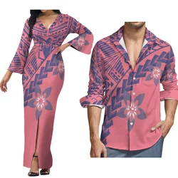 Custom Polynesian Island Style Samoan Couple Suit Women'S Long-Sleeved Dress Party Split Skirt And Men'S Aloha Shirt