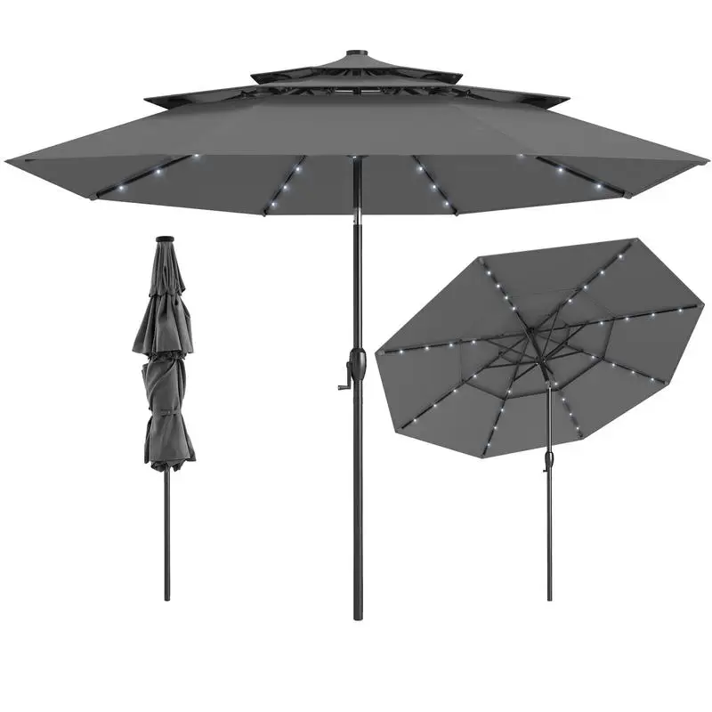 10 Ft Outdoor Patio Market Umbrella With Triple Vent Canopy, Crank Tilt Mechanism, Sturdy Metal Frame For Garden Poolside And Commercial Cafe Use, Gray