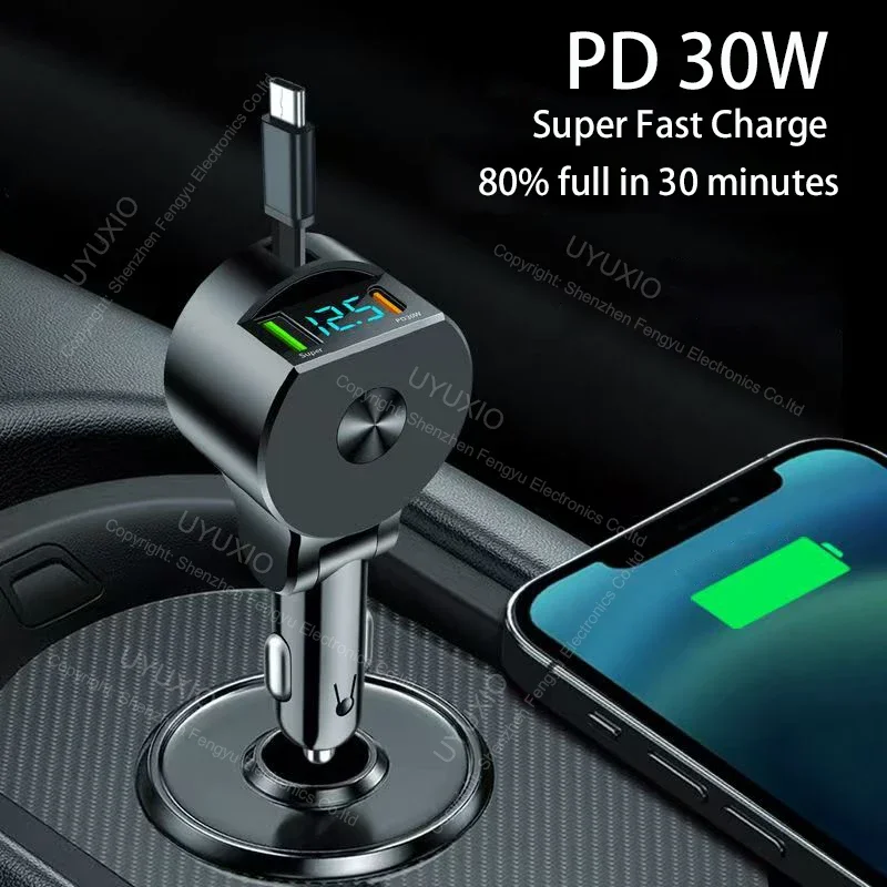 Ładowarka samochodowa USB C 65 W Super szybkie ładowanie z wyświetlaczem napięcia PD 30 W zwijany kabel typu C do iPhone'a 16 Pro Max 15 Samsung — zdjęcie produktu 4