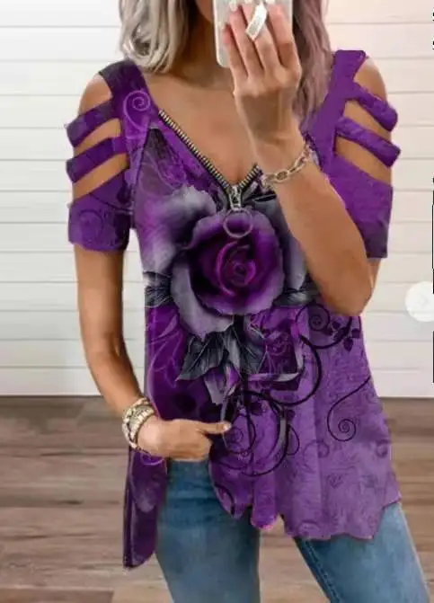 بلوزة نسائية بأكمام قصيرة مطبوعة على شكل جناح ملاك ، كنزة صوفية كلاسيكية برقبة على شكل V ، تيشيرت فضفاض غير رسمي ، جديد ، خريف ، #6