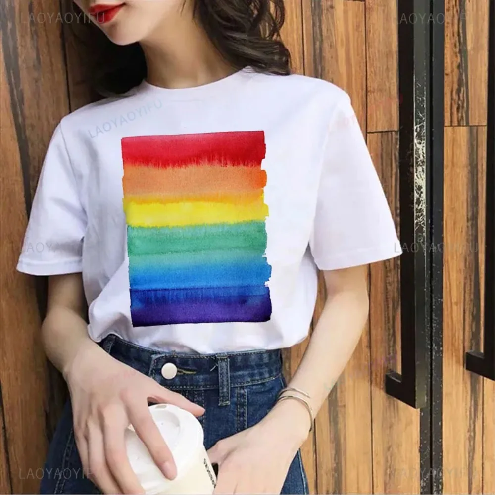 Colourful Rainbow Stripe Best Seller T-Shirt Watercolor Omen Summer Women's Short Sleeve Printed Cute Tees Tops Clothes 2024