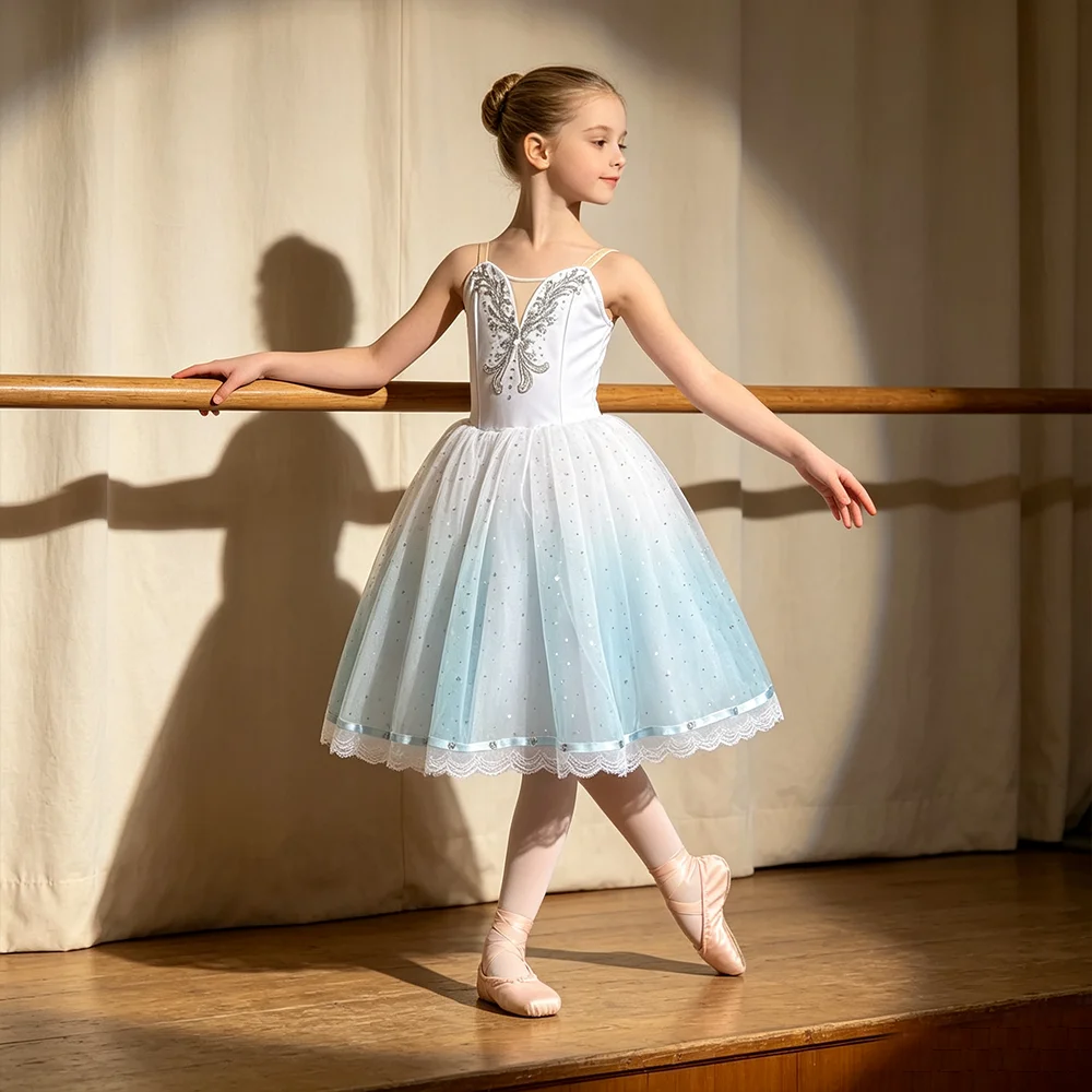 Romantisches Tutu-Ballettkleid für Mädchen, professionelles Schwanensee-Ballerina-Kleid, A-Linien-Tüllrock