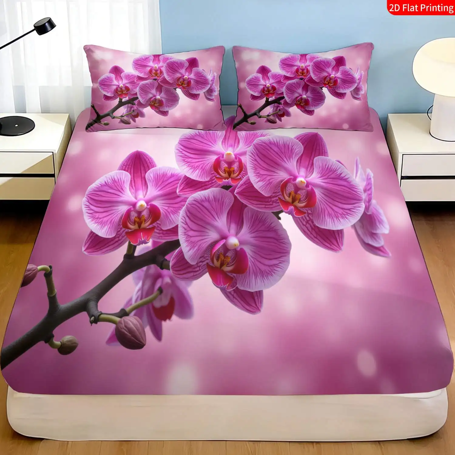 Pink orchid pattern, bedroom decoration. Hotel quality, three-piece bedding set (includes 1 fitted sheet + 2 pillowcases), 3-piece set, large-capacity deep pocket 2D printed fitted sheet and 2 pillowcases, mattress protector, fitted elastic style, protective cover, mattress protector, suitable for all seasons, machine washable design, holiday decoration, various sizes, breathable protective cover with pillowcase