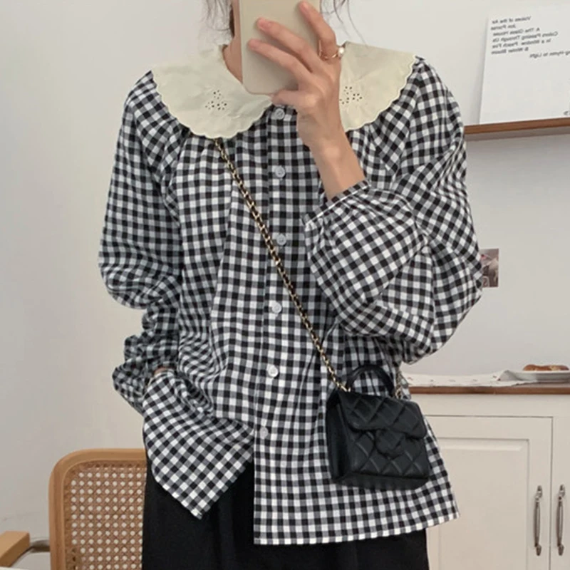 

Chic Autumnal Loose Long Sve Plaid irt Collar Girl Doll Collar Button up Color Blo Cuff Top for Younger Looking