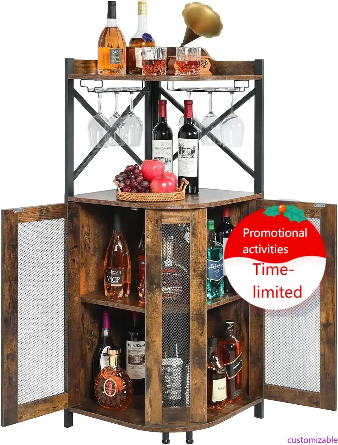 

Corner Bar Cabinet with Glass Holder,Industrial Wine Cabinet with Mesh Door,4-Tier Wine Cabinet with Open Shelf,Farmhouse