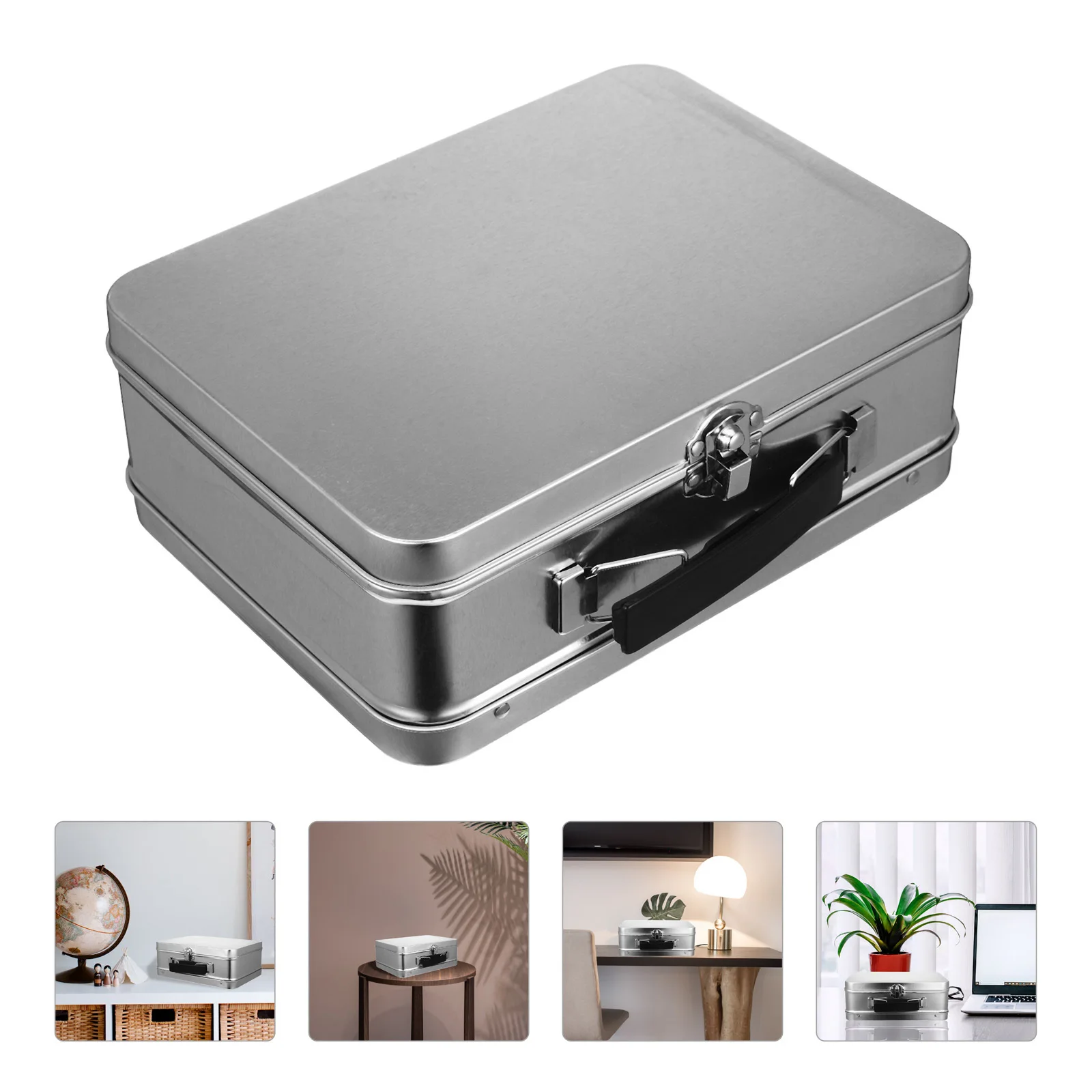 

White Handheld Tinplate Storage Box Large Capacity Rectangular Multipurpose Desktop Organizer Jewelry Coin Case