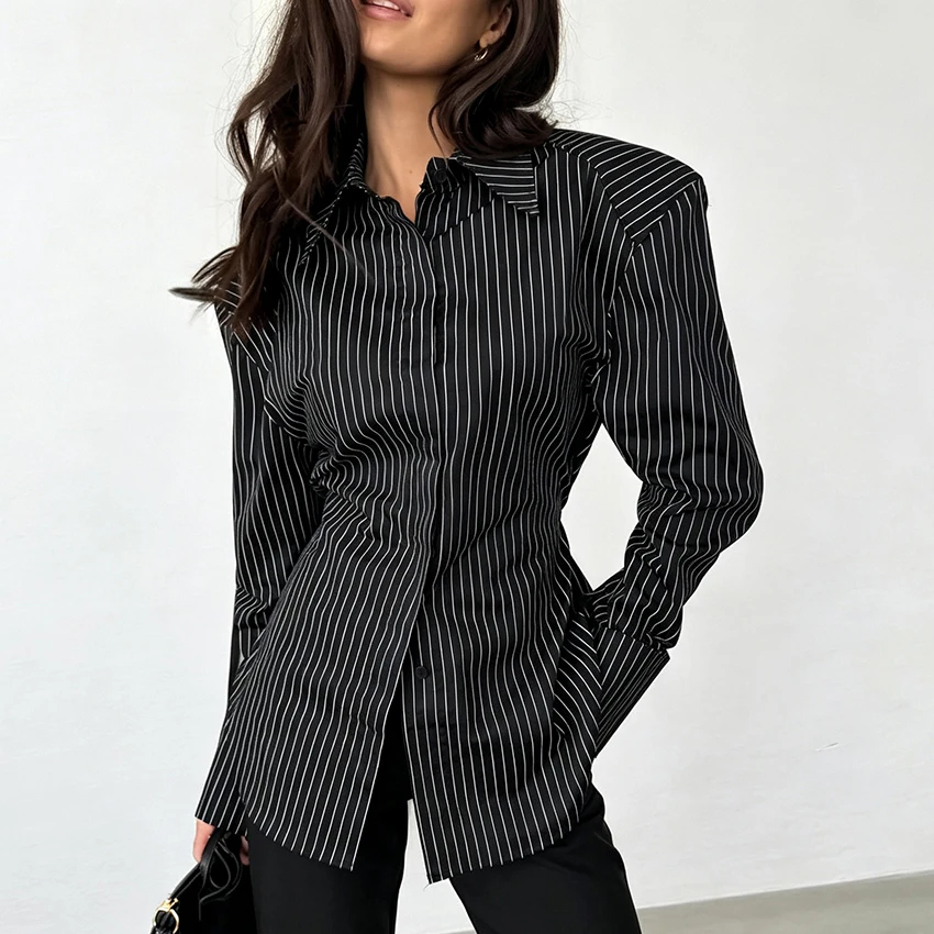 Linad Office Lady Stripe Pleated Lapel Shirts Elegant Slim Cotton Lantern Sleeve Blouse Women Street Chic Button Up Tops 2026