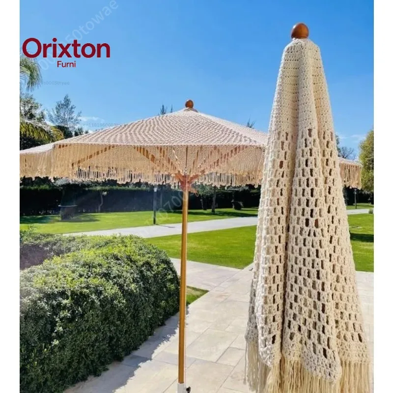 Macrame Woven Patio Umbrella with Fringe Tassels, Boho Style Outdoor Umbrella, Beige Tassel Umbrella for Garden & Beach
