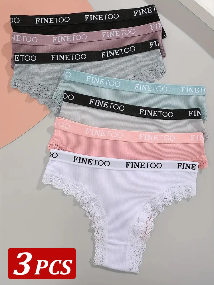 FINETOO 3 Teile/satz Frauen Baumwolle Brasilianische Höschen Dessous Sexy Spitze Unterwäsche Low Rise Mädchen Dessous Unterhose Plus Größe M-2XL
