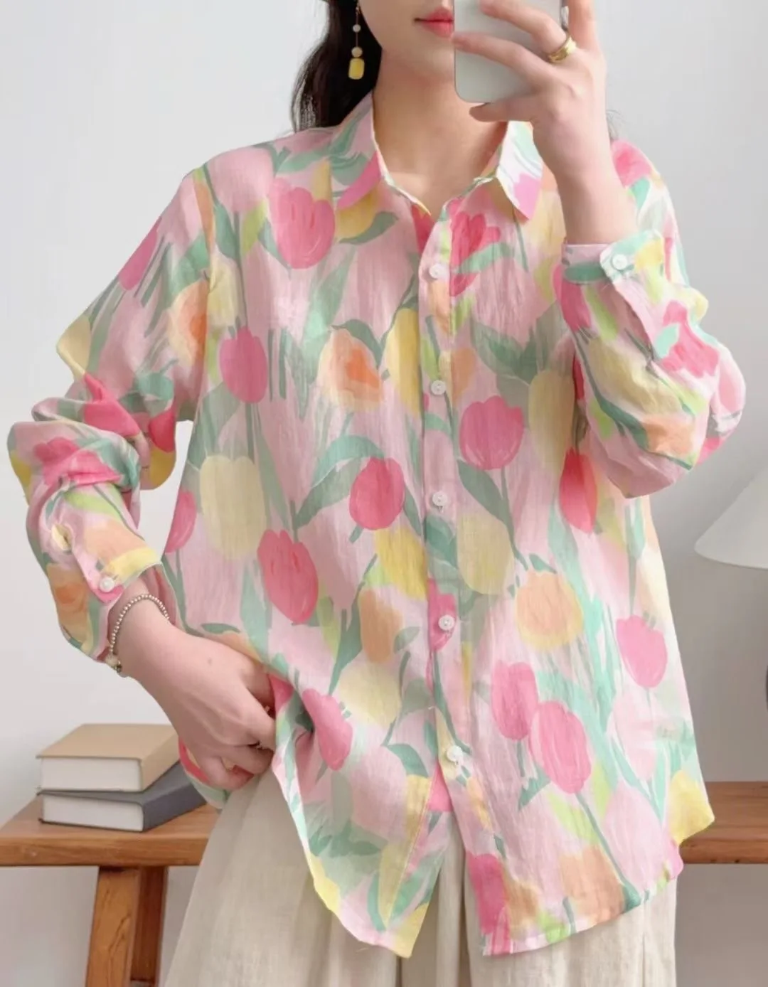 

Designer woman clothing 100% linen shirts tulip print shirts long sleeve blouses for women summer breathable ramie shirts