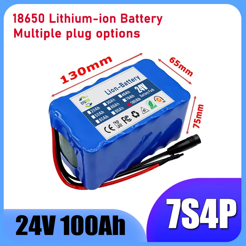 7S4P 24V 100Ah 18650 lithium-ion battery pack with built-in BMS, 29.4V 2A charger, electric wheelchair battery
