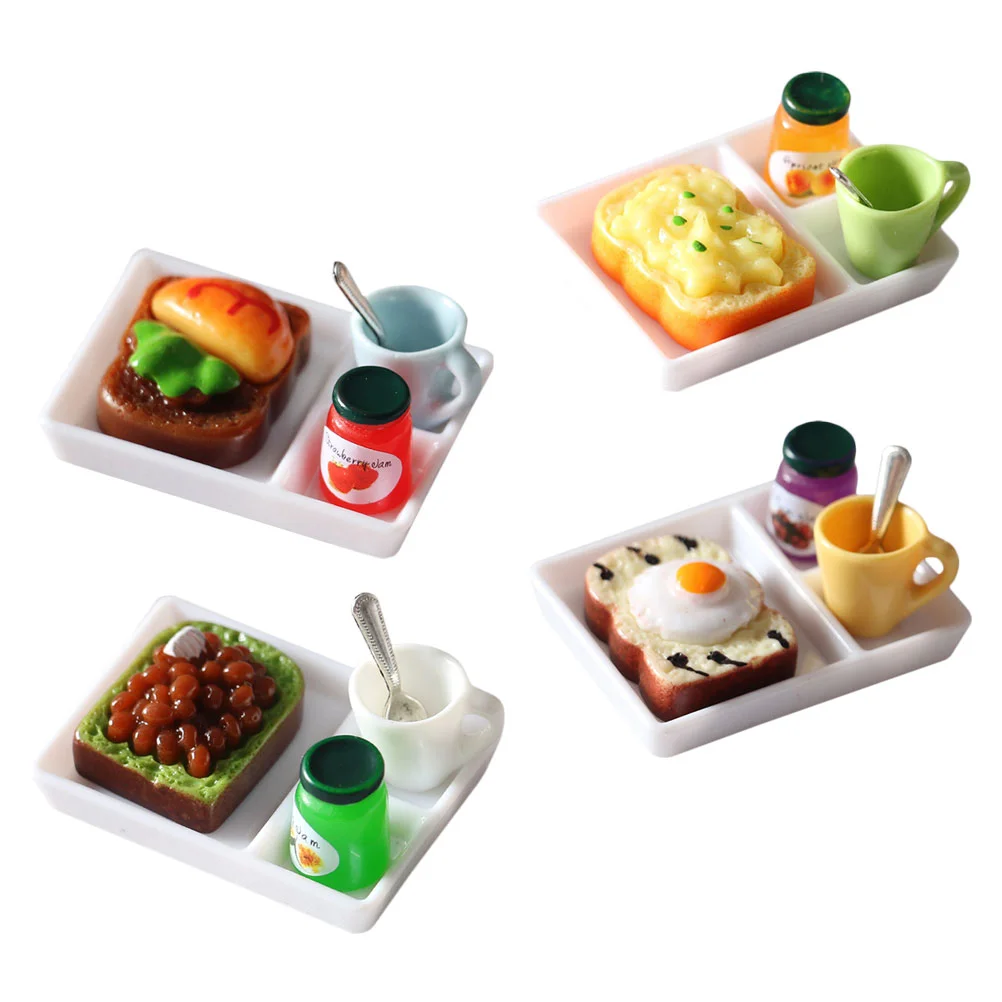 4 sets miniatuur eten en spelen poppenhuisminiaturen kinderpoppen spullen decor toast ontbijt model brood simulatie