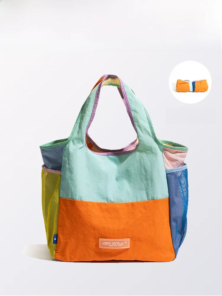 Color Block Canvas Tote Bag Women's Portable Handbag Stacking Mommy Bucket Bag Commuting Trendy Foldable Soft Cotton Casual