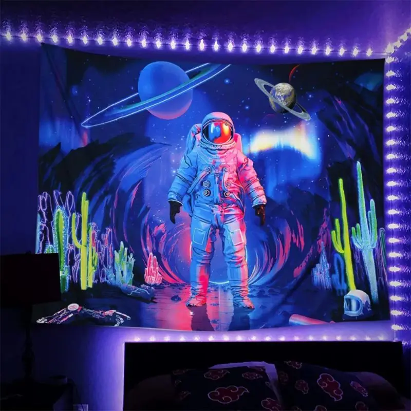 VIKAMA Fluorescent Spaceman Toadstool Woodland Sea Jelly UV Glow Tapestry Hallucinogenic Wall Decor Accent Soft Durable Cozy