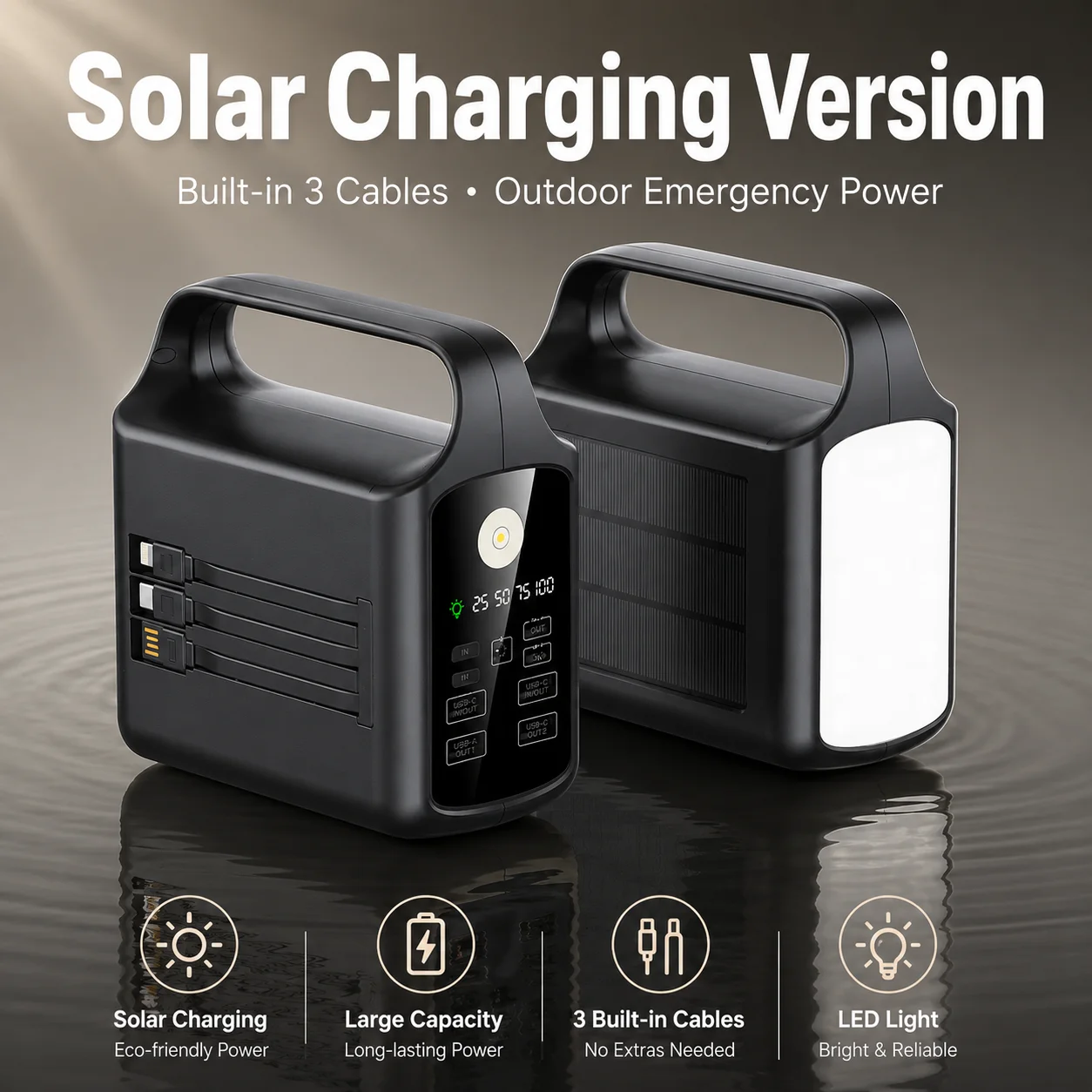 100000mAh Solar Power Bank Large Capacity Fast Charging Built-in Cable Outdoor Mobile PowerBank  For iPhone & Android