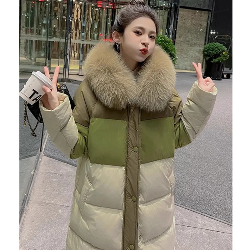 Women\'s Natural Fox collar down Jacket 2024 Winter New Casual Fashion White duck down Long Coat Female Thicken Parkas Overcoat