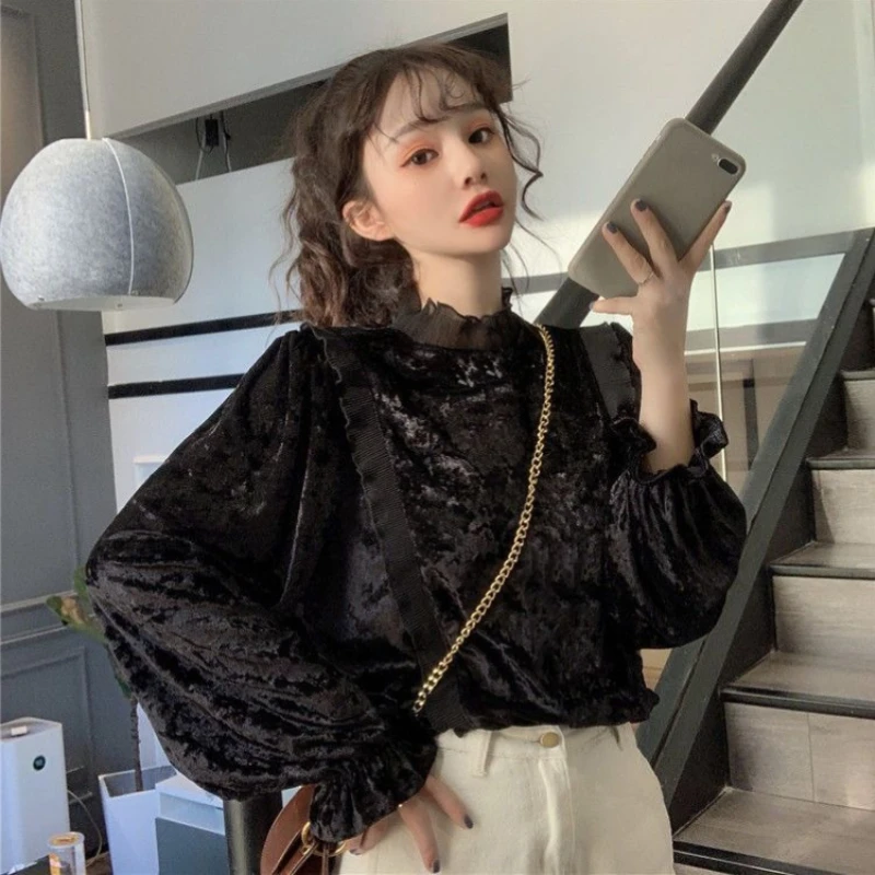 

Женская бархатная блузка, милый стиль, воротник-стойка, кружевная лоскутная рубашка с пышными рукавами и длинными рукавами, весенний модный топ, Новое поступление