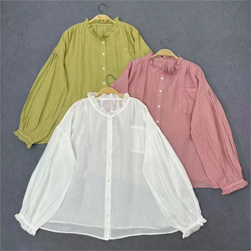 

Johnature Spring Summer New Ramie Tops 2024 Vintage Casual Solid Color Loose Thin Ruffles Women Blouses