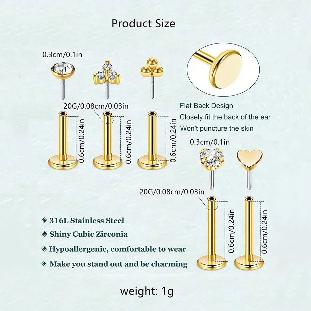 Women's 20G Threadless CZ Push In Flat Back Stud Earrings