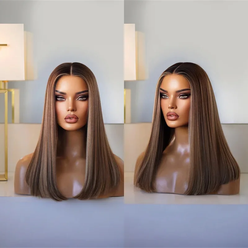 Party Daily New In Ombre Dark Brown Highlight Lace Frontal Wig Straight Bob Syntehtic Heat Resistant Wig Small Large Size Cap