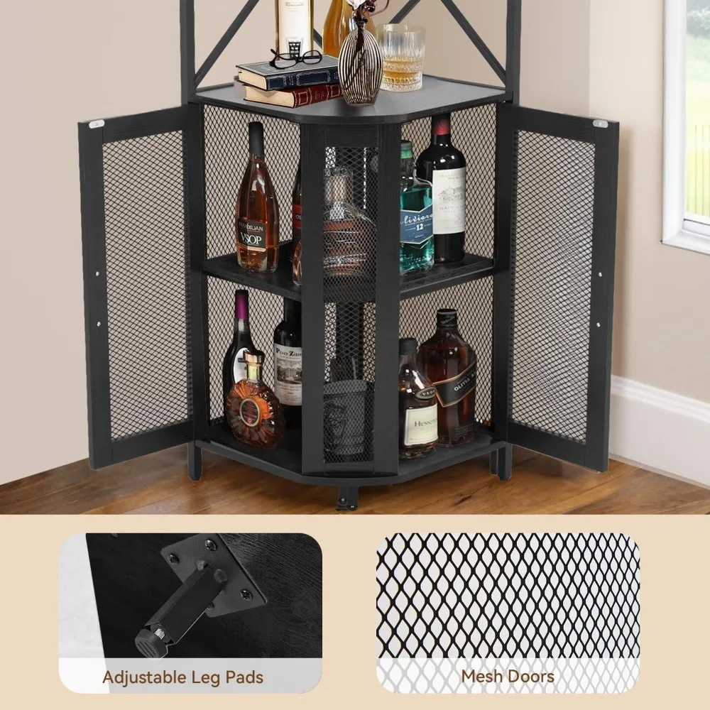 خزانة بار النبيذ من 5 طبقات مع إضاءة LED وحامل زجاجي، وحدة تخزين بار منزلية على الطراز الصناعي #6