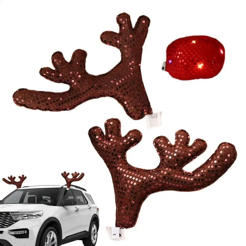 Aclarar astas de reno para coches, lentejuelas LED, decoraciones para coche, accesorios de disfraz para coche, bonito juego de nariz roja de Reno de Navidad