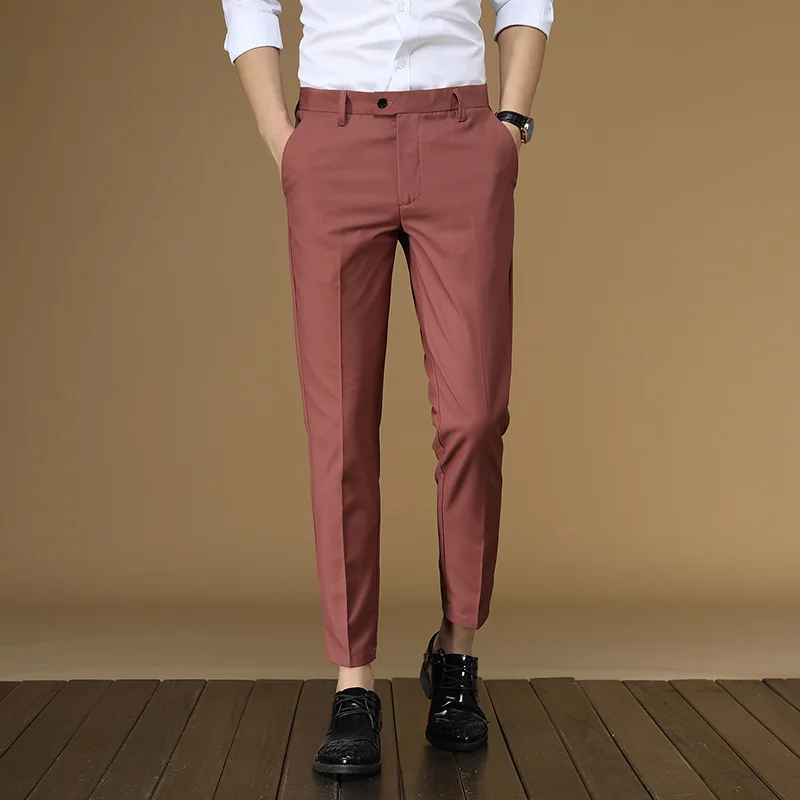 Pantalones de traje de verano para hombre, ropa Formal plana, color rojo, negro y caqui, para oficina, Negocios Inteligentes, 2022