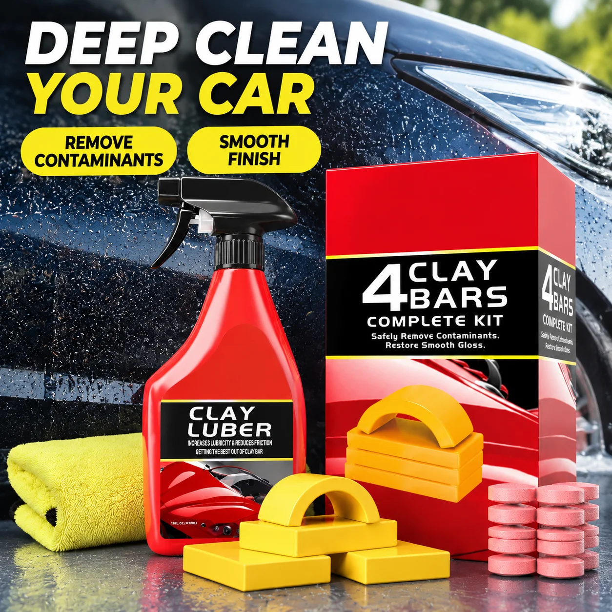 Heavy Duty Car Clay Bars Auto Detailing Clay Luber Synthetic Lubricant Kit，4 Pcs Auto Detailing Clay Bar，10 Pack Clay Lubricant Sheets & Microfiber Towel – Safe Deep Clean, Remove Contaminants