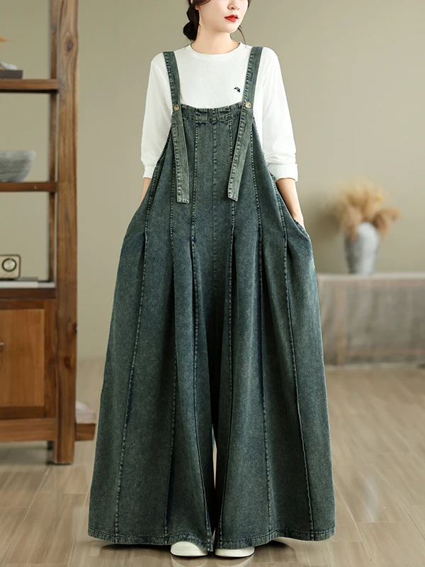 Authentic Spring Summer Extended One-Piece Overalls Loose Fit Denim Wide Leg Pants City Outdoor Style High Waist Cotton Blend