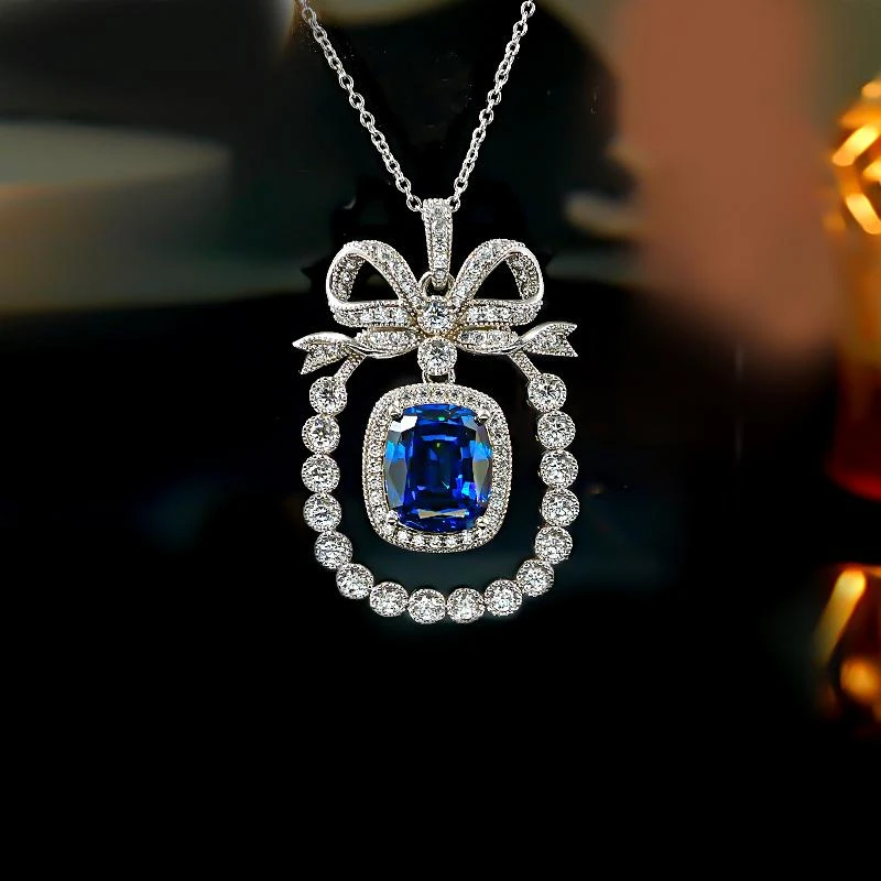 New s925 silver elegant sparkling cornflower sapphire bow necklace cultivated high carbon diamond pendant wedding jewelry