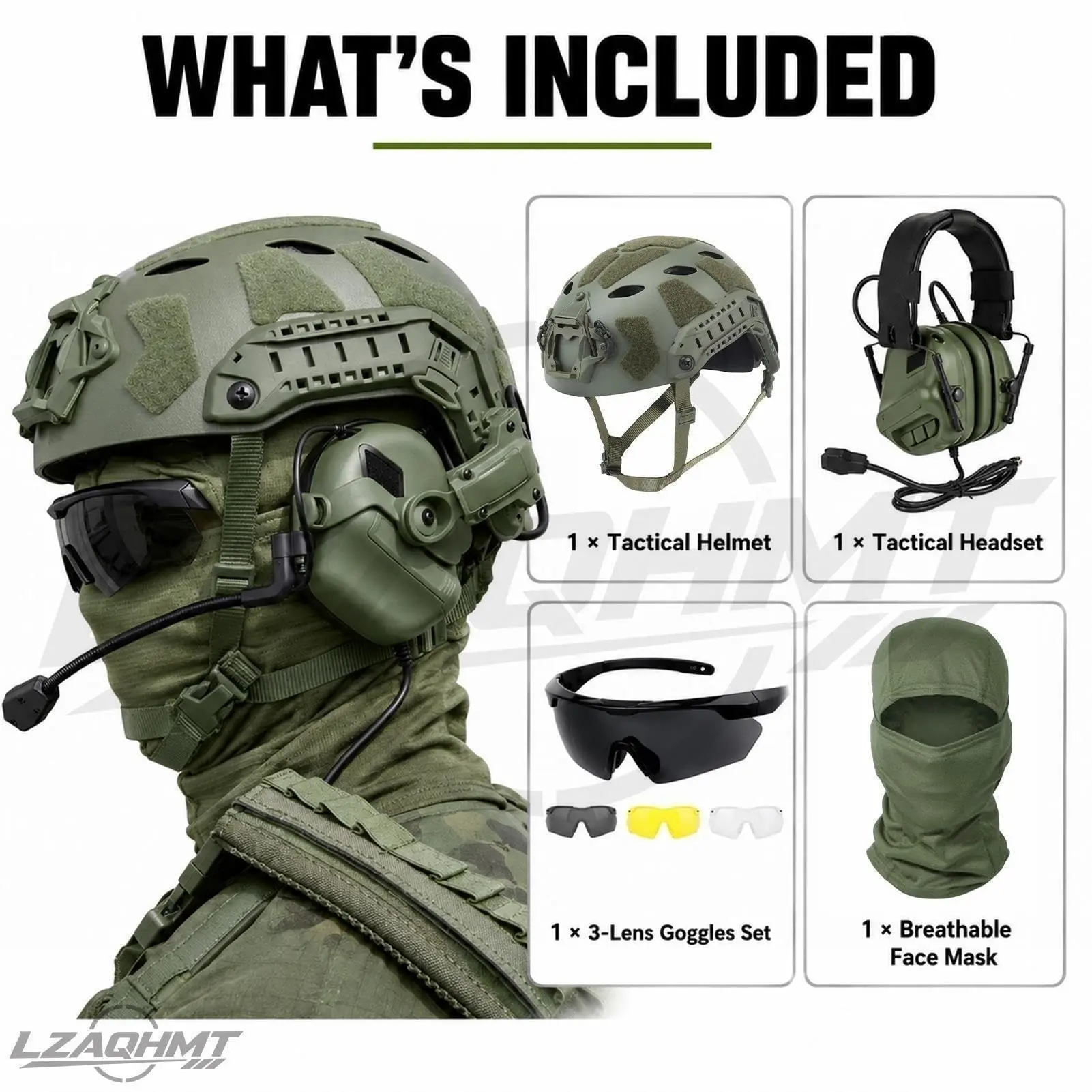 Fast SF Tactical Helmet Set with Airsoft Headset, 3-Lens Goggles and Breathable Face Mask for Paintball Training Outdoor Use