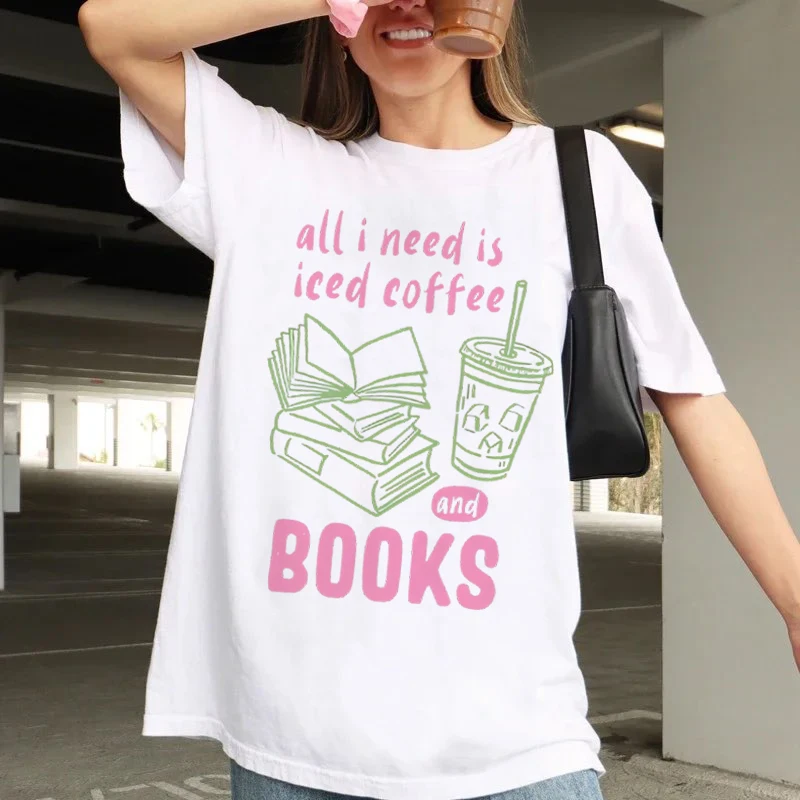 

Iced Coffee and Books Women's White T-Shirt Fashion Short Sleeve Printed Pattern Holiday Travel Trend Summer Top Girls' T-Shirt