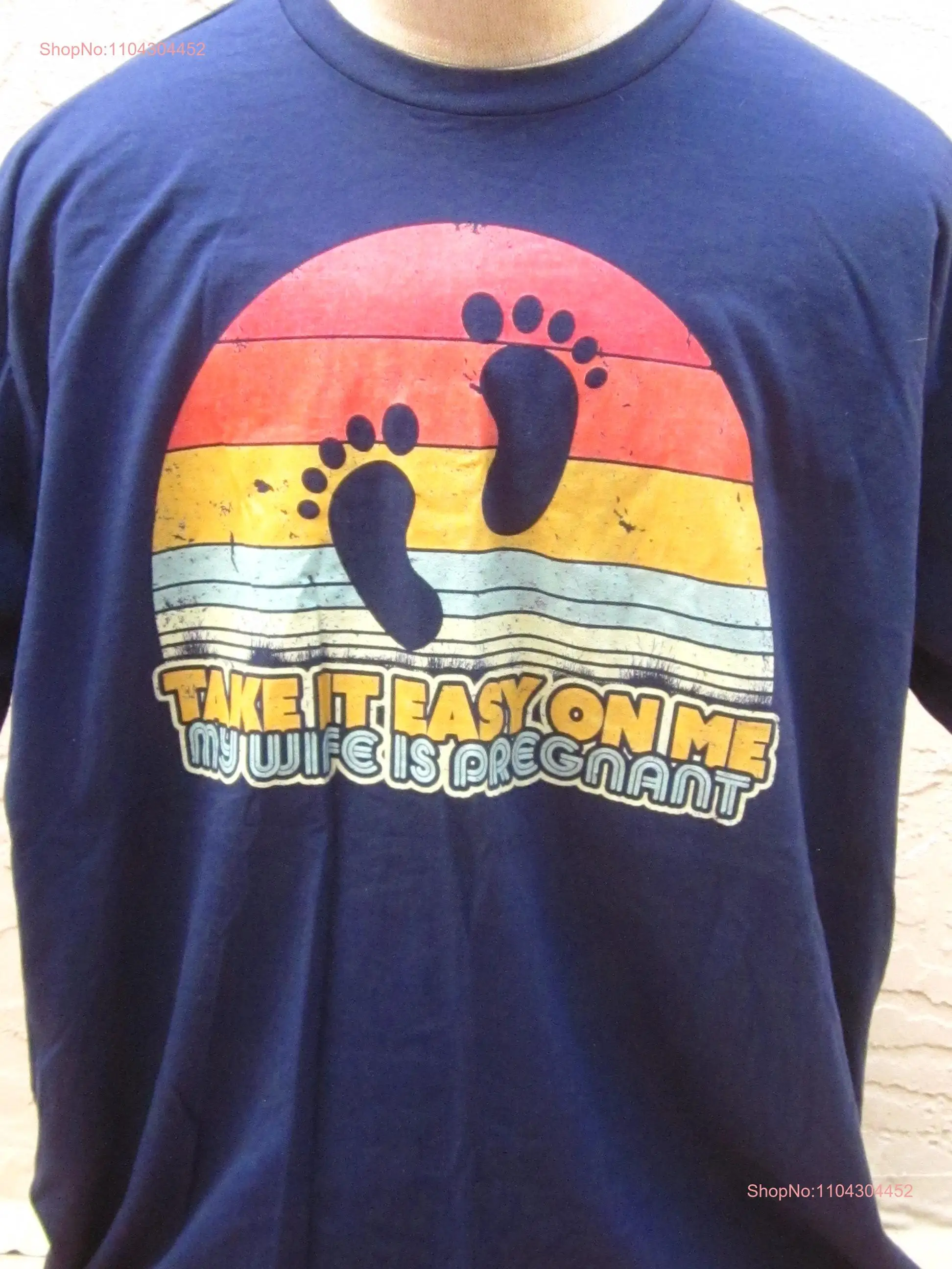 Vintage Navy Blue T Shirt Take It Easy On Me My Wife Is Pregnant Rainbow Surf Design with Hang Ten Baby Feet Size 3X