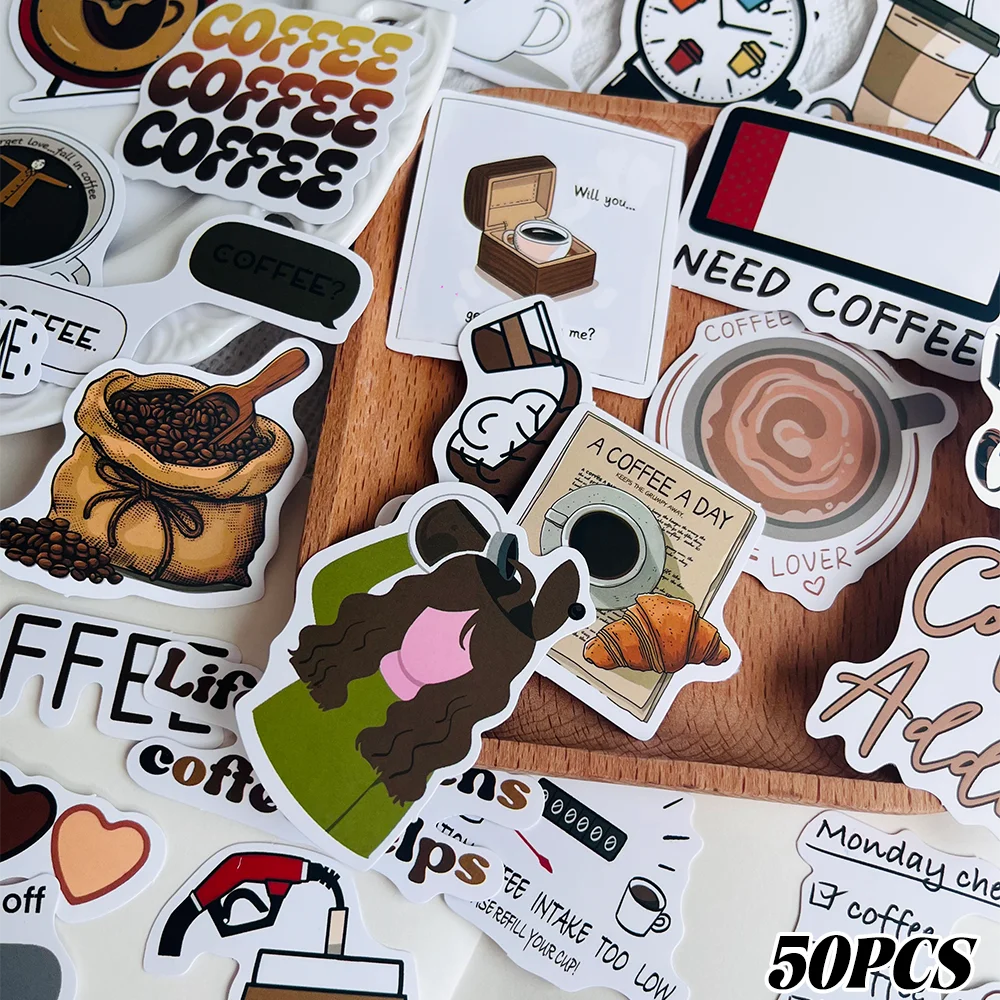 50 Coffee-Themed Stickers: Custom DIY Decorative Stickers for Scrapbooks, Laptops, Suitcases, Guitars, and Water Bottles