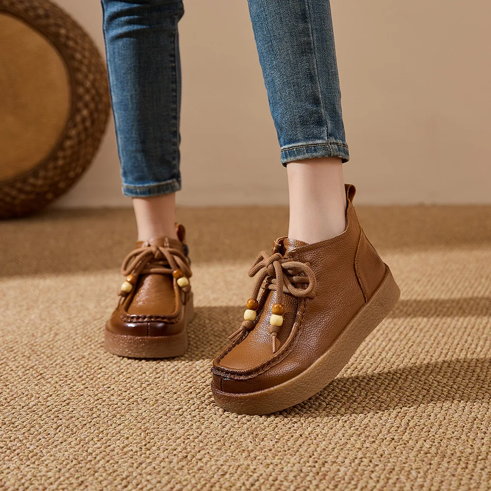 Neue Echtleder-Schnürstiefeletten für Damen, Klassische Perlen-Bootsschuhe, Damen-Reißverschluss-Stiefeletten, Weiche Casual-Booties, Bequeme Urlaubsstiefel – Detail 7