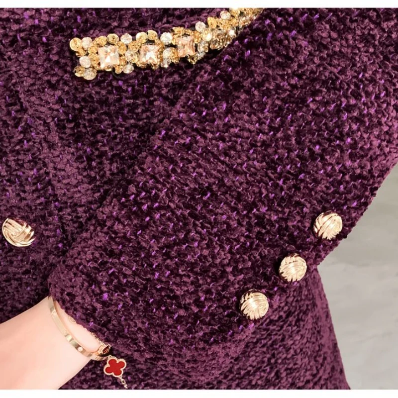 UNXX 2024 Winter Purple Sweet Fragrance Tweed Two Piece Set Women Short Jacket Coat + Skirt Suits Fashion Luxury Beading Outfits