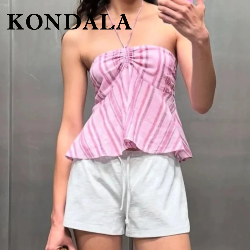 

KONDALA Chic Y2k Pink Casual Fashion 2025 Woman Suit Slim Striped Sheath Sheath Tops+Pocket Long Pants Holiday Summer Mujer Set