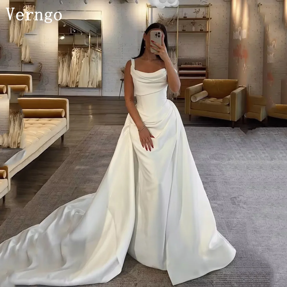 Verngo lvory Satin Wedding Dress Classic Spaghetti Straps Mermaid Sweap Train Bridal Gowns Women Elegant Bride Dress Customized
