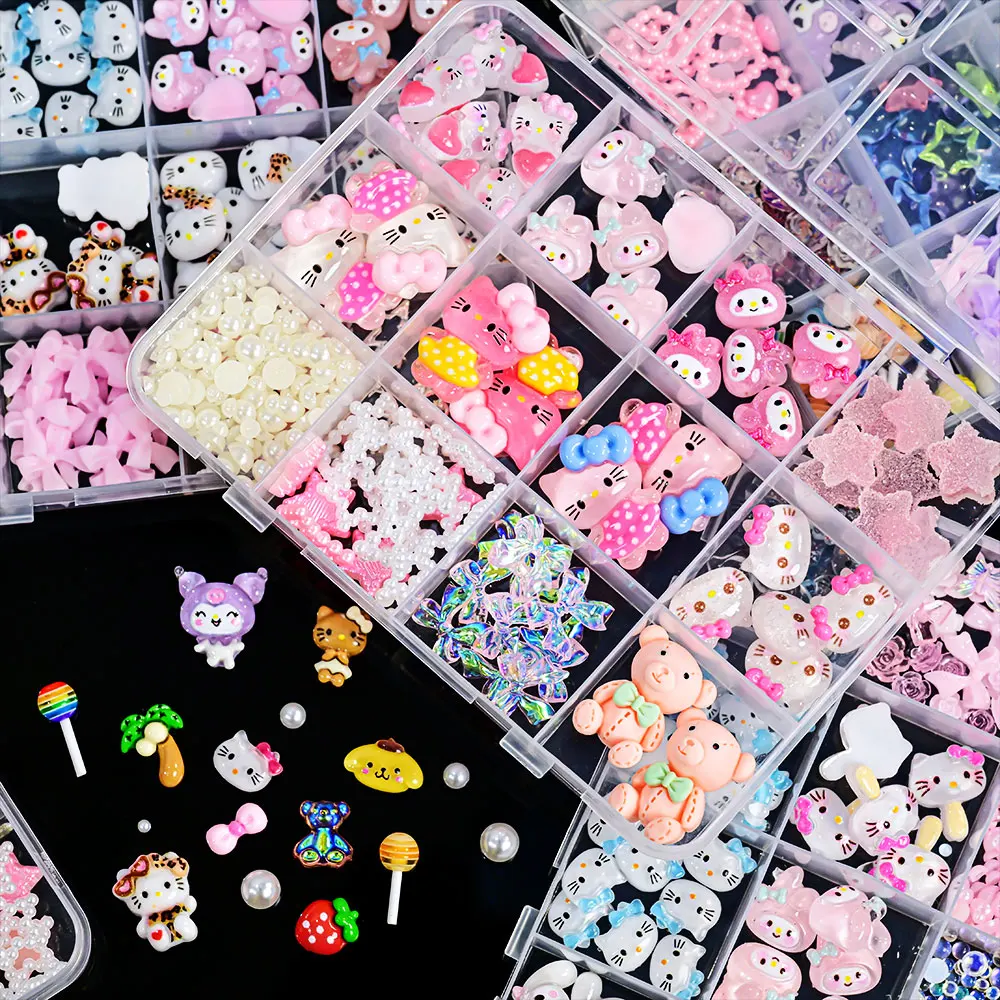 12grid Mix Sanrio Bow Pearl Kuromi Nail Decoration Love Moon Hello Kitty Strawberry Nail Charms Set DIY Nail Parts Gift For Girl