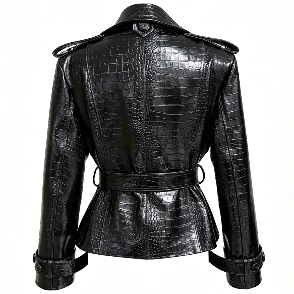 YOLOAgain Double Breasted Croc Pattern Leather Jacket Women 2026 Autumn New Genuine Leather Jacket Ladies