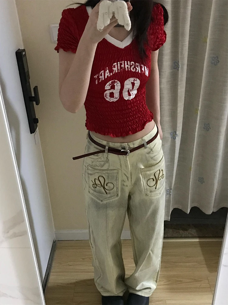 

Retro American Embroidered Wide Leg Jeans Men's Loose Casual Trousers Couple's Lazy Sle High Street Faion Jeans