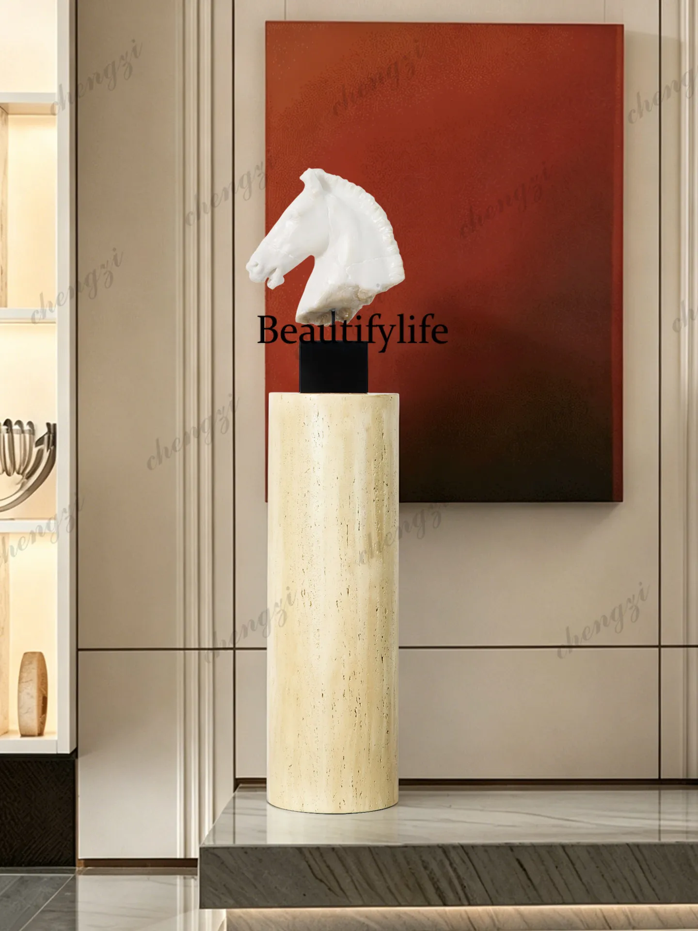 Medieval wabi-sabi wind imitation travertine cylinder display table living room entrance floor Roman column display table
