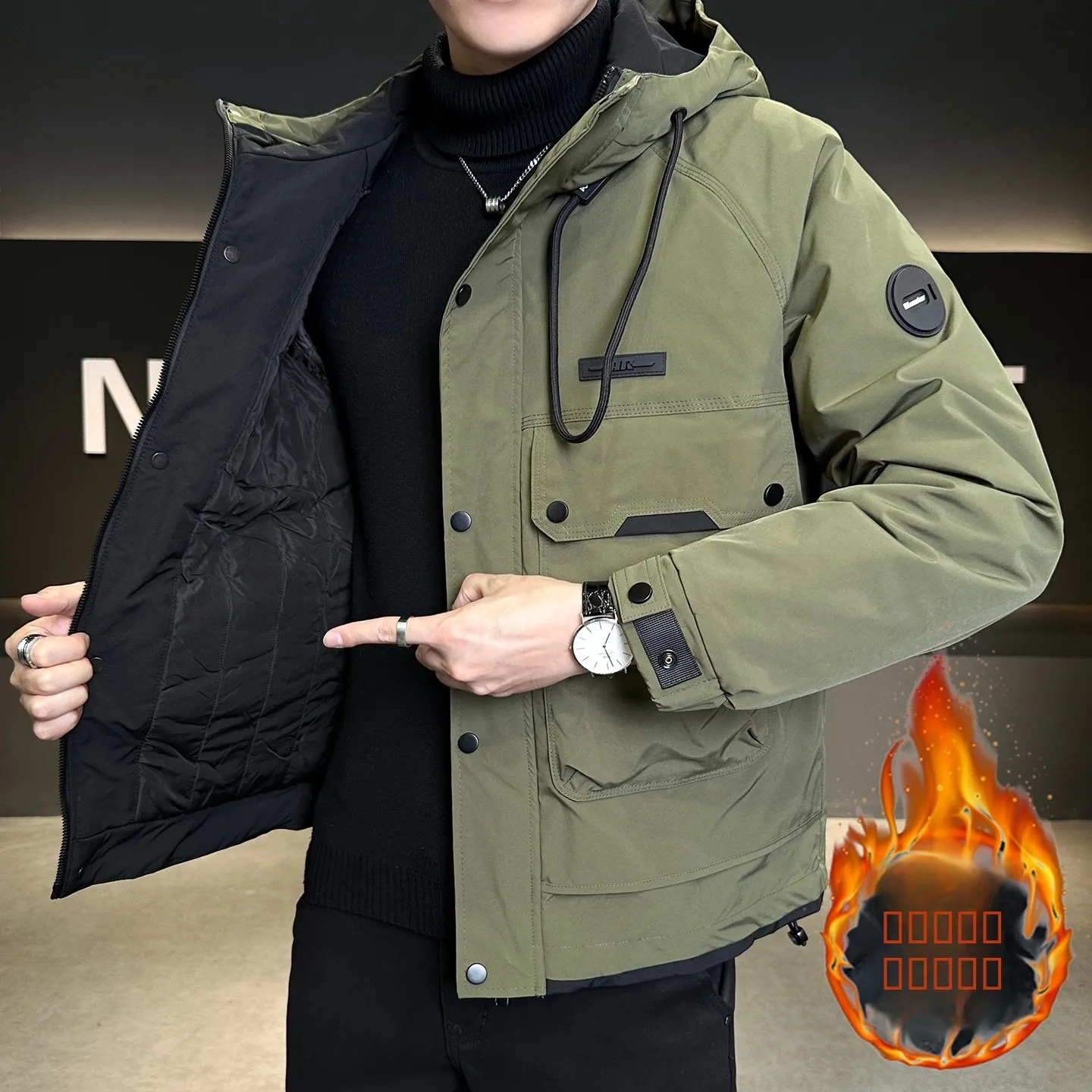 

Hooded Thiened Cotton Jaet Youth Casual Winter Men's Faion Outerwear Polyester Fiber Long Sve Zipper Closure Coat