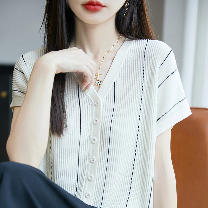 صيف جديد 100% ليوسيل المرأة قصيرة الأكمام عادية اللون منعت تي شيرت برقبة على شكل v فضفاضة وعصرية بلوفر مغزول #5